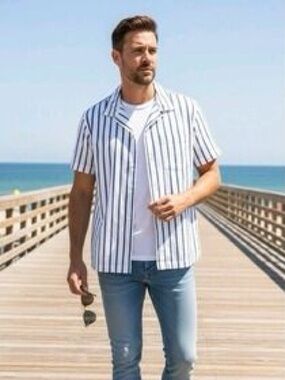 Todd Snyder Boucle Striped Cotton Cabana Shirt in White & Blue, Men’s Small